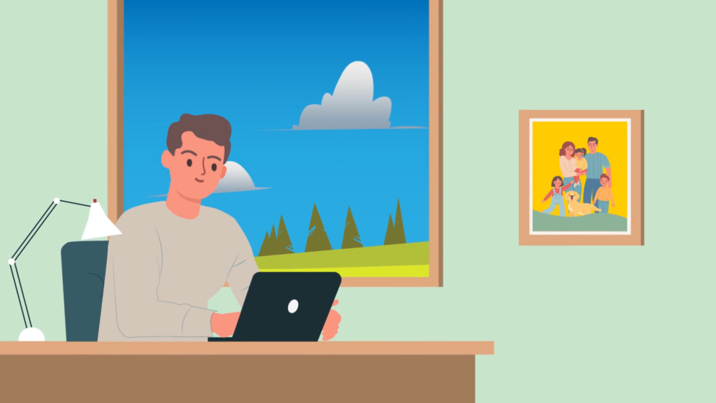 Illustrated graphic of a man working on a laptop.