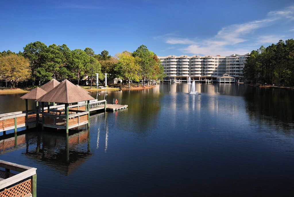Scenic view of the lake alongside Cypress Village senior living community