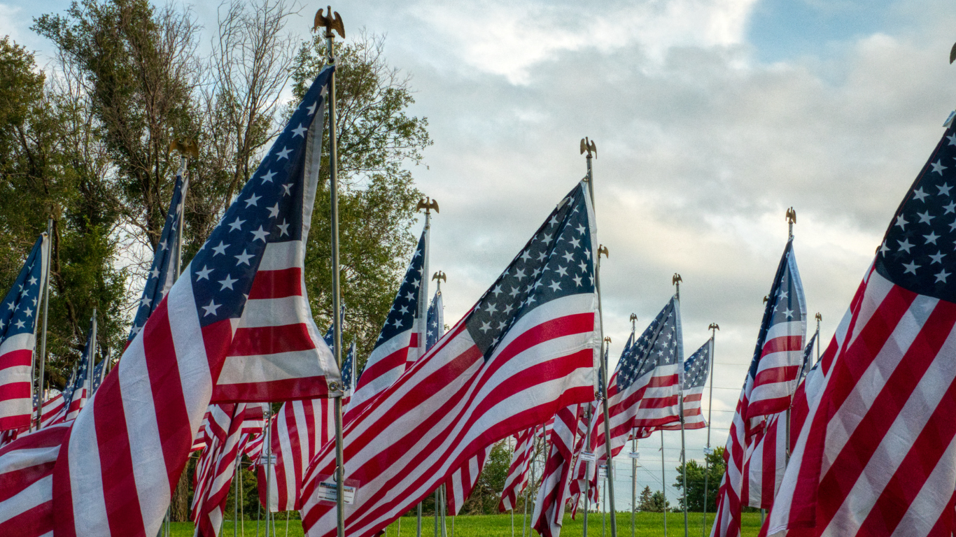 Many American flags across a lawn