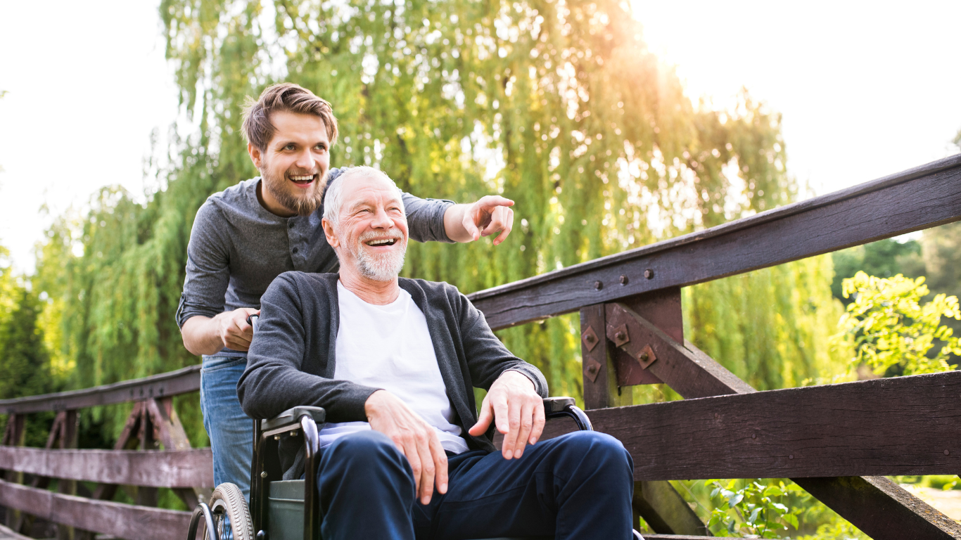 Blog Images (61) Senior man in a wheelchair with his caretaker, outside