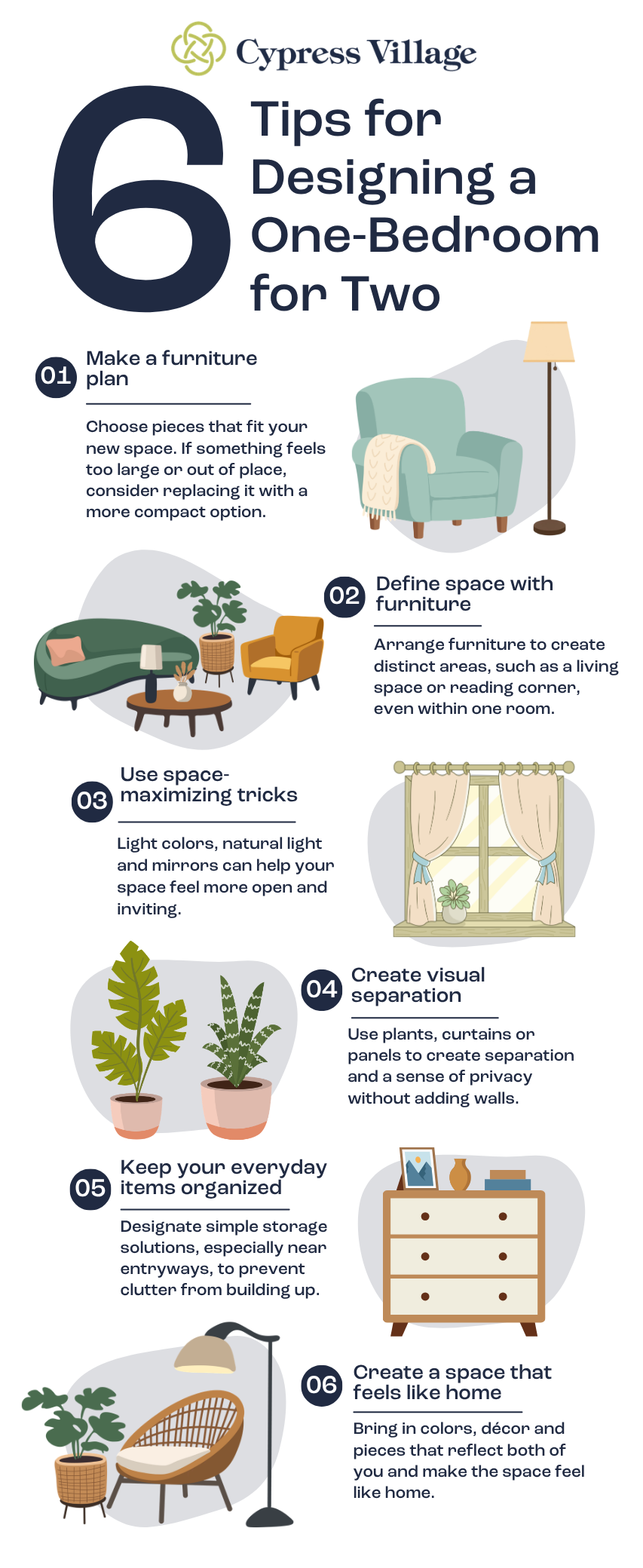Tips for designing a one bedroom for two infographic